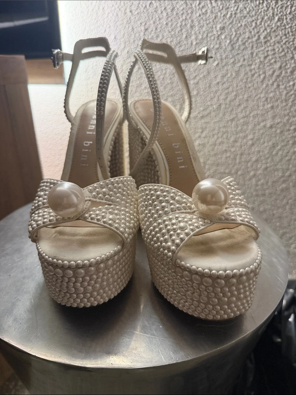 Pearl-Embellished Cream Platform Sandals with Ankle Strap